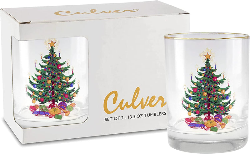 Culver 22K Gold Rim Christmas Tree DOF Double Old-Fashioned Holiday Glass, 13.5-Ounce, Gift Boxed, Set of 2 Home & Garden > Kitchen & Dining > Tableware > Drinkware Culver   