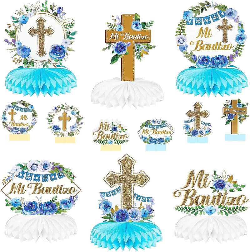 12Pcs Floral Mi Bautizo Cross Baptism Party Table Centerpiece Sage Blue Gold Baptism Religious Party Decor God Bless Christening Confirmation Party Photo Props for Girls Boys Baby Shower  RicaBili   