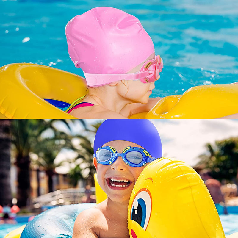 Qoosea Kids Swim Goggles 2 Pack Swimming Goggles for Children Teens with Swim Cap and Nose Clip Ear Plugs for Age 6-14 Anti-Fog Anti-Uv No Leaking Waterproof Clear Wide Vision Swim Pool Goggle