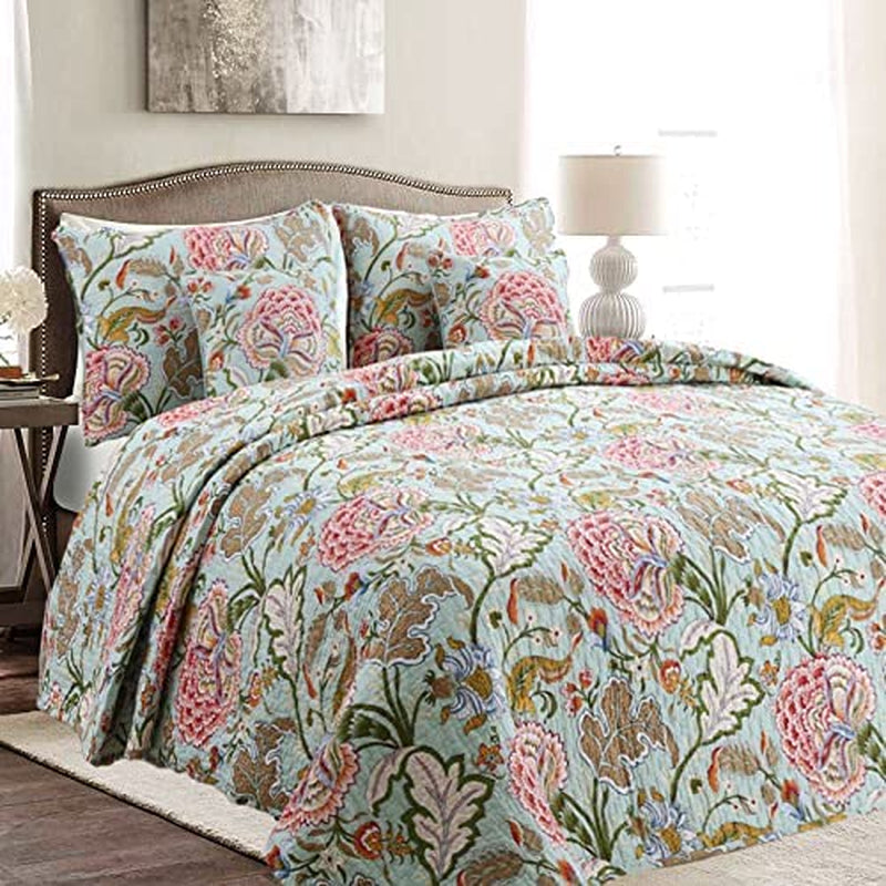 Cozy Line Home Fashions Pink Red Floral 100% Cotton Reversible Quilt Bedding Set, Coverlet Bedspread (Fuchsia Flowers, King - 3 Piece) Home & Garden > Linens & Bedding > Bedding Cozy Line Home Fashions Camellia Green Queen 