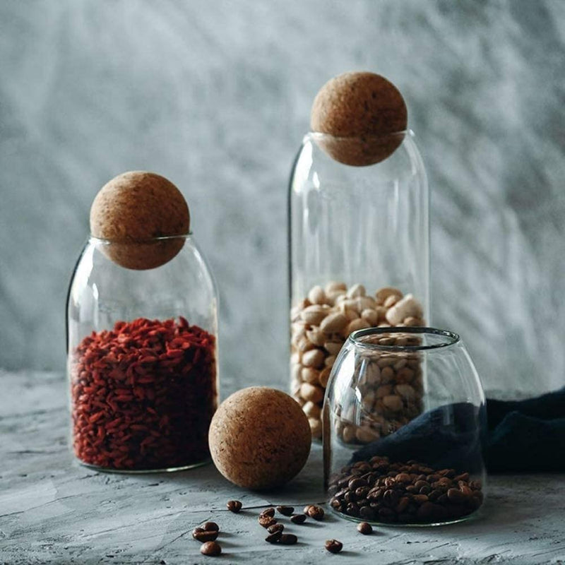 MOLADRI 800Ml/27Oz Clear Glass Storage Cute Canister Holder Ball Wood Cork Top, Modern Decorative Cylinder Container Jar with round Lid for Coffee, Spice, Candy, Salt, Cookie Cool Terrarium Bottle Home & Garden > Decor > Decorative Jars MOLADRI   