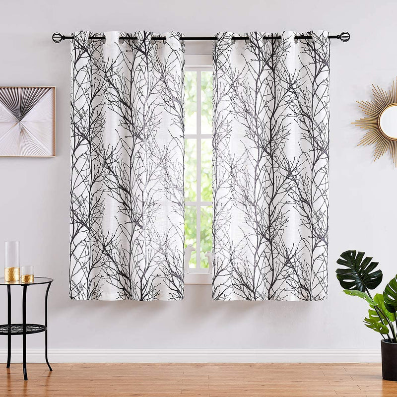 FMFUNCTEX Branch White Curtains 84” for Living Room Grey and Auqa Bluetree Branches Print Curtain Set Wrinkle Free Thick Linen Textured Semi-Sheer Window Drapes for Bedroom Grommet Top, 2 Panels Home & Garden > Decor > Window Treatments > Curtains & Drapes FMFUNCTEX Black 50" x 45" 