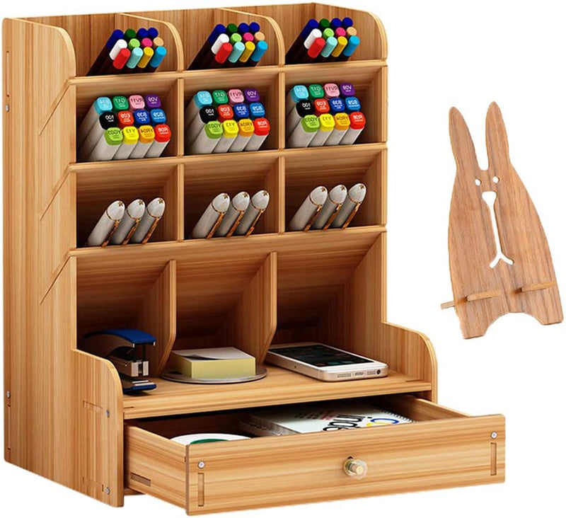 Marbrasse Wooden Desk Organizer, Multi-Functional DIY Pen Holder, Pen Organizer for Desk, Desktop Stationary, Easy Assembly, Home Office Art Supplies Organizer Storage with Drawer (B11-Cherry Color)