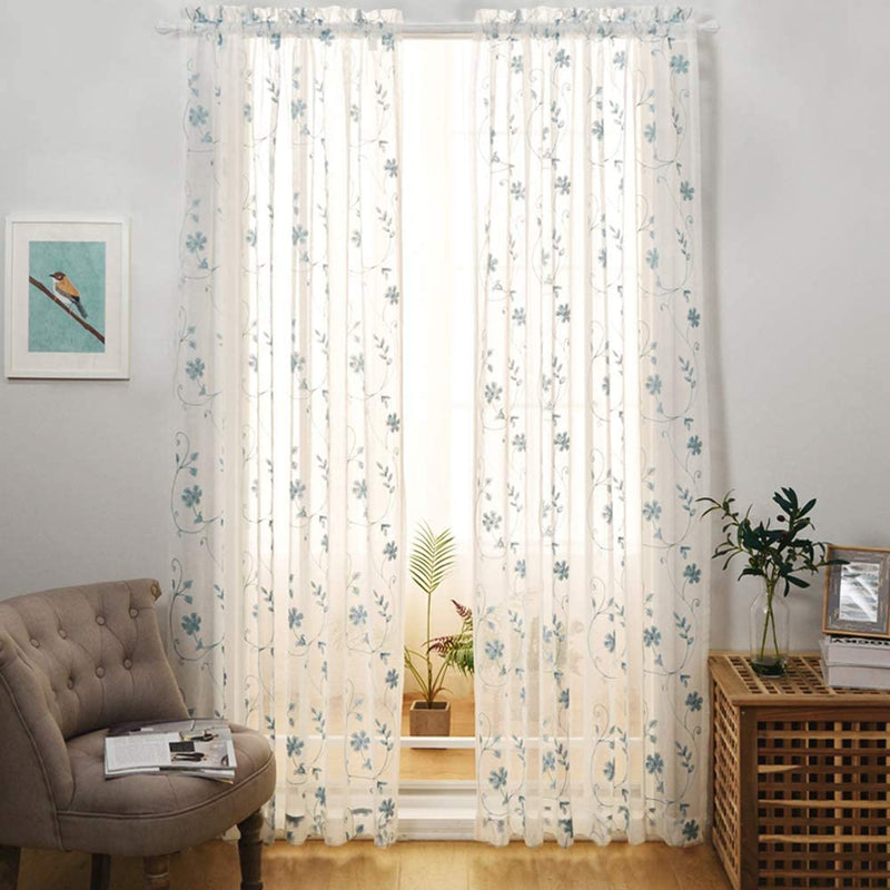 Floral Embroidery Gold Sheer Curtains 84 Inches Long, Rod Pocket Sheer Drapes for Living Room, Bedroom, 2 Panels, 52"X84", Semi Crinkle Voile Window Treatments for Yard, Patio, Villa, Parlor. Home & Garden > Decor > Window Treatments > Curtains & Drapes MYSTIC-HOME Floral Blue 52"Wx95"L 