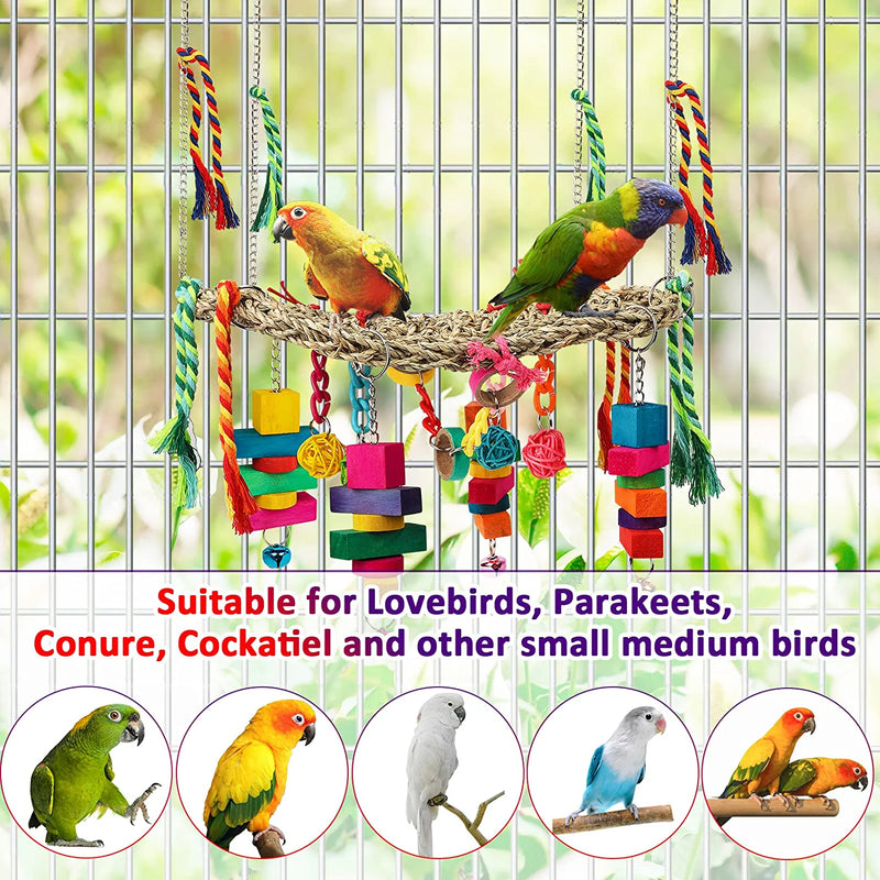 Bird Swing Toys, Bird Foraging Wall Toy, Seagrass Woven Hammock Swing Mat with Colorful Ropes Wooden Chew Toys for Lovebirds, Parakeets, Conures, Cockatiels Animals & Pet Supplies > Pet Supplies > Bird Supplies > Bird Toys LifeIdeas   