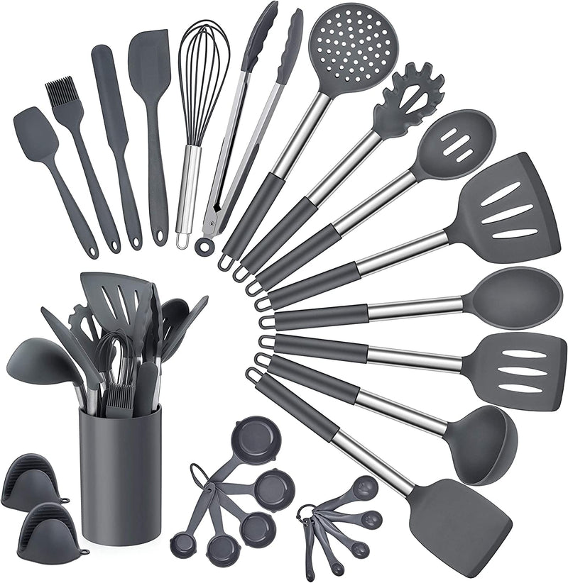 Homikit 27 Pieces Silicone Cooking Utensils Set with Holder, Kitchen Utensil Sets for Nonstick Cookware, Black Kitchen Tools Spatula with Stainless Steel Handle, Heat Resistant Home & Garden > Kitchen & Dining > Kitchen Tools & Utensils Homikit Gray 27-Piece 