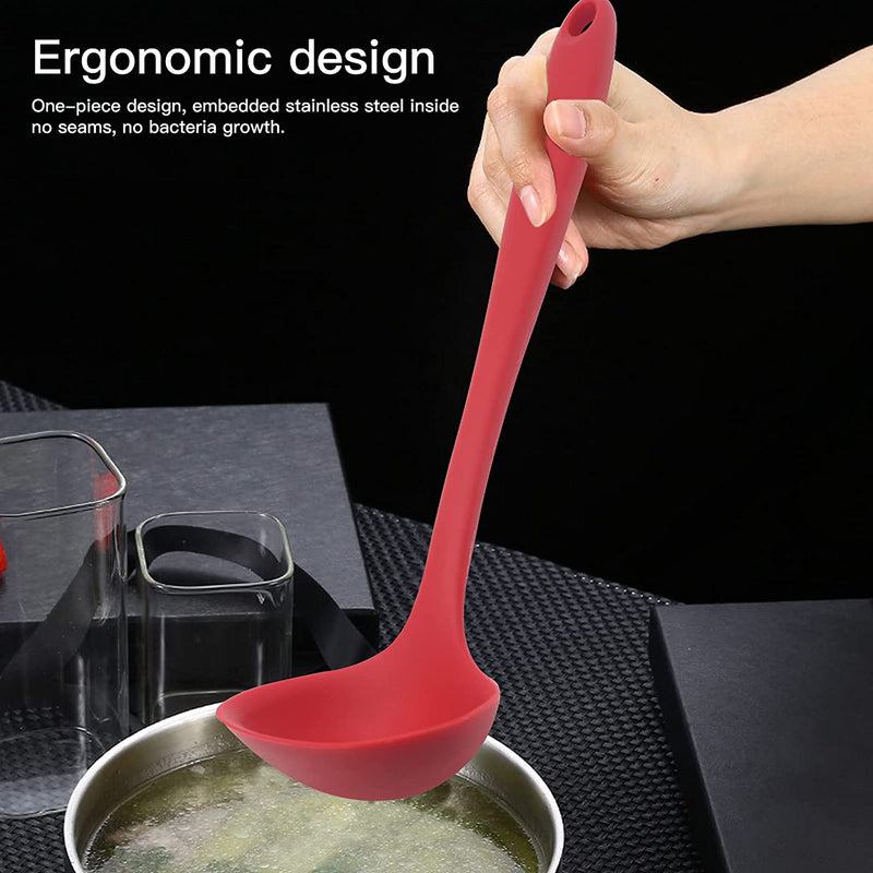 MJIYA Silicone Ladle Spoon, MJIYA Seamless & Nonstick Kitchen Ladles, Silicone Heat Resistant Kitchen Cooking Utensils Non-Stick Baking Tool Tongs Ladle Gadget (Red) (Ladle)