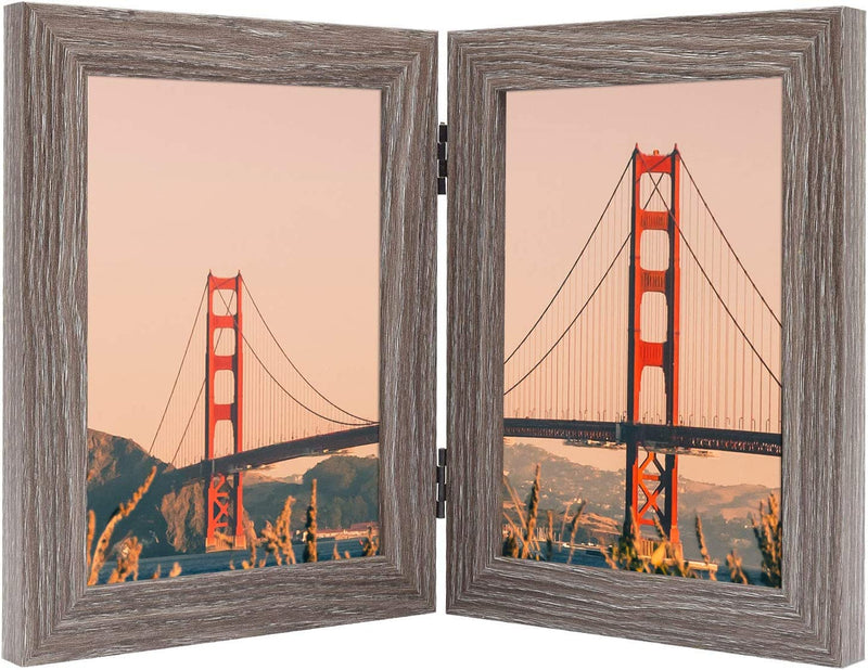 Frametory, 5X7 Hinged Picture Frame Displays 2 Photos, Double Frames with Glass, Side by Side Stands Vertically on Tabletop (Black) Home & Garden > Decor > Picture Frames Frametory Gray 5x7 (1-Pack) 