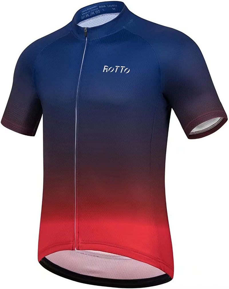ROTTO Cycling Jersey Mens Bike Shirt Short Sleeve Gradient Color Series Sporting Goods > Outdoor Recreation > Cycling > Cycling Apparel & Accessories ROTTO C2 Navy-red 3X-Large 