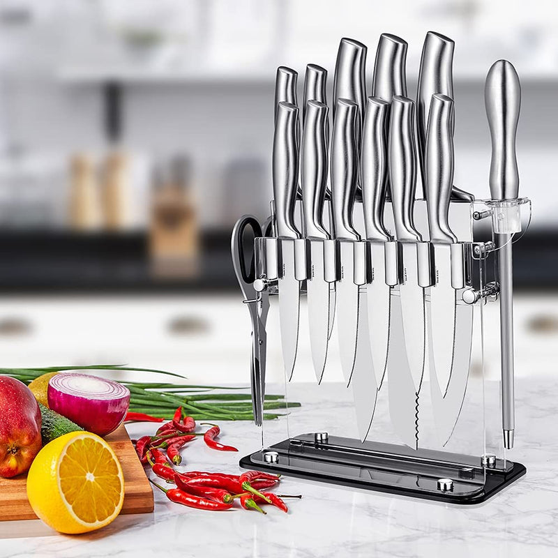 Knife Set, Stainless Steel Kitchen Knives Set 14 PCS, Super Sharp Kitchen Knife Set with Easy Clean Acrylic Stand, Modern Design, Silver