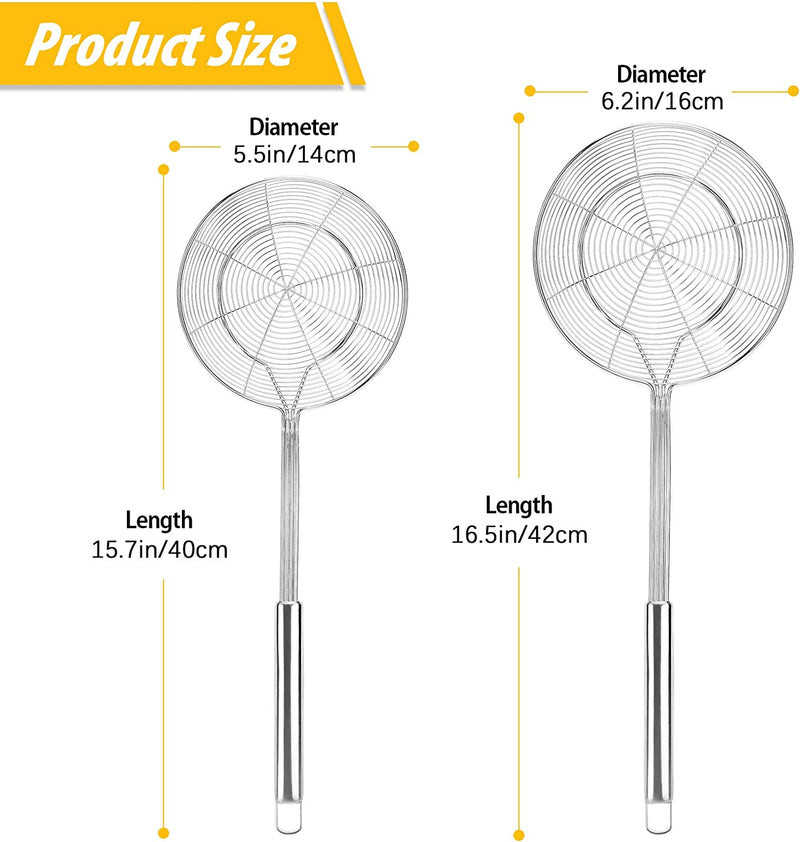 Pack of 2 Large Spider Strainer, Stainless Steel Skimmer Basket,Kitchen Ladle Strainers,Mesh Spoons with Long Handle, Cooking Tools for Frying, Boiling Noodles, Dumplings, Pasta