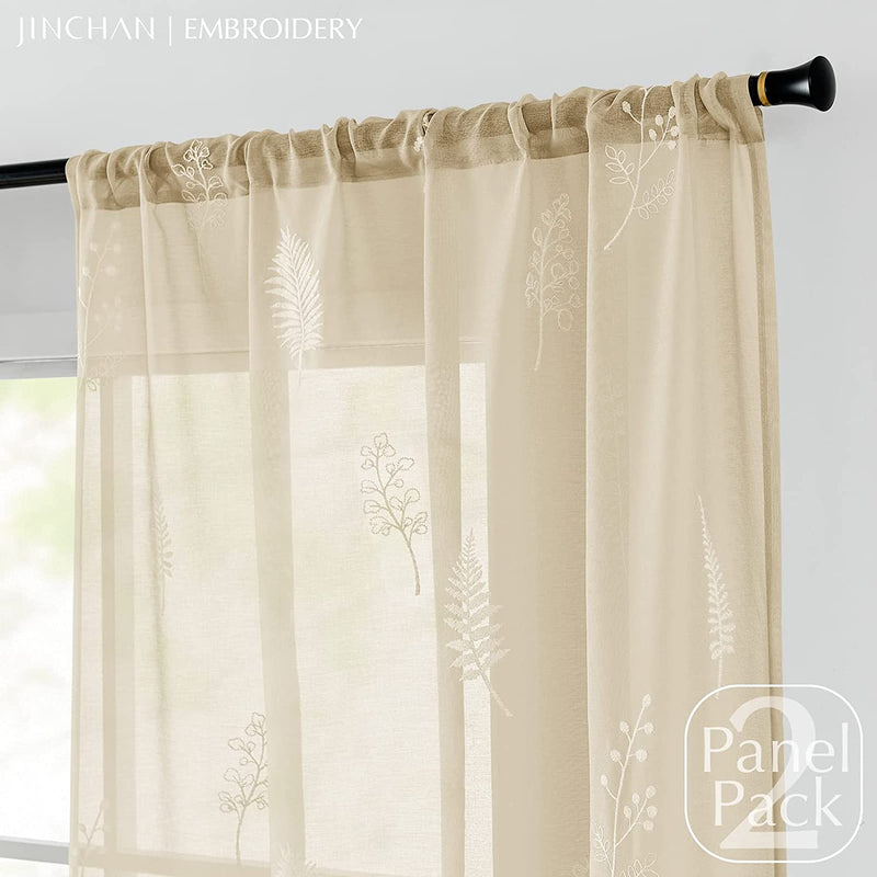 JINCHAN Sheer Embroidered Curtains for Living Room 84 Inch Length 2 Panels Leaf Pattern Voile for Bedroom Botanical Design Rod Pocket Top Window Treatments Sheers for Kitchen White on Taupe Home & Garden > Decor > Window Treatments > Curtains & Drapes CKNY HOME FASHION   