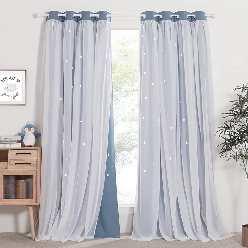 NICETOWN Nursery Curtains for Kids, Farmhouse Blackout Curtain Panels for Bedroom, Double Layer Star Hollow-Out Grommet Aesthetic Living Room Toddler Window Curtains, 2 Pcs, W52 X L84, Biscotti Beige Home & Garden > Decor > Window Treatments > Curtains & Drapes NICETOWN Stone Blue W52 x L84 