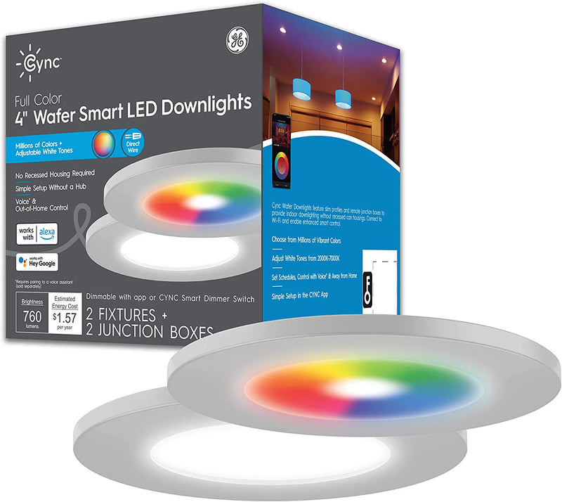 GE CYNC Smart LED Wafer Downlights, Color Changing and White Tones Wafer Lights, No Recessed Housing Required, 4 Inches (Pack of 3) (CFIXCNLR4C1-OT) Home & Garden > Lighting > Flood & Spot Lights GE 4 Inches 2 Pack 