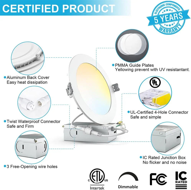 12 Pack 6 Inch Ultra-Thin LED Recessed Light Dimmable,2700K-5000K Selectable,5Cct Canless Recessed Lighting,12W Eqv 110W,1050Lm High Brightness Downlight,Slim Wafer Lights with Junction Box,Ic&Etl Home & Garden > Lighting > Flood & Spot Lights YALANO   