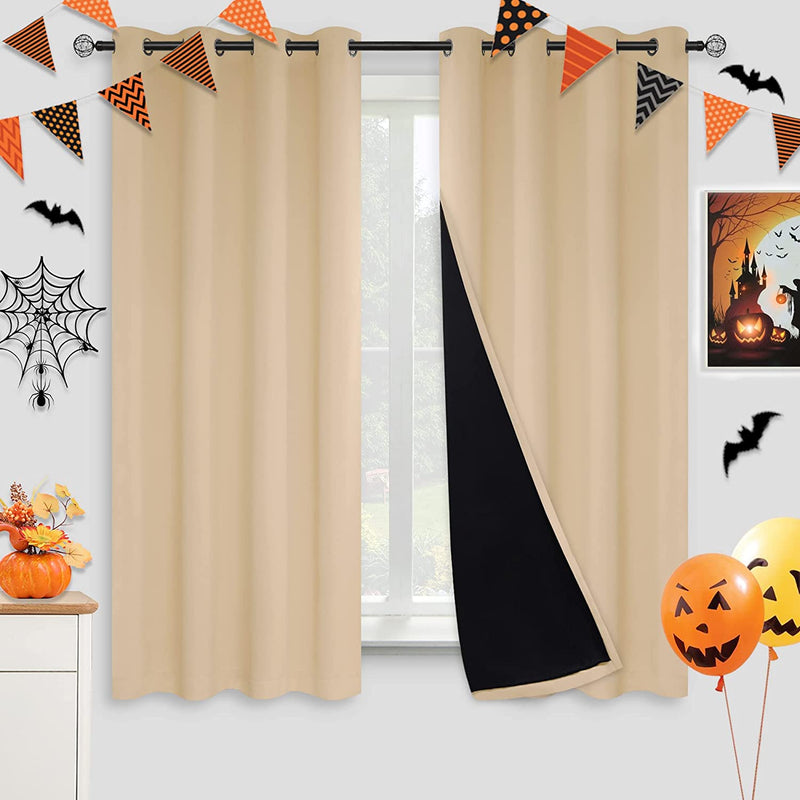 Kinryb Halloween 100% Blackout Curtains Coffee 72 Inche Length - Double Layer Grommet Drapes with Black Liner Privacy Protected Blackout Curtains for Bedroom Coffee 52W X 72L Set of 2 Home & Garden > Decor > Window Treatments > Curtains & Drapes Kinryb Beige W52" x L63" 