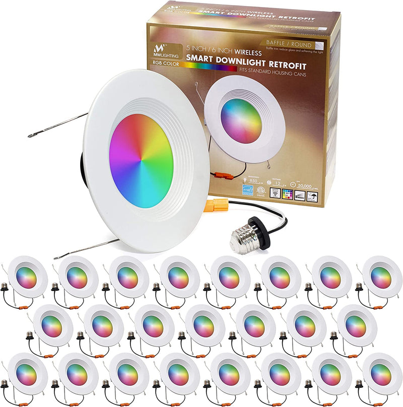Mw 6 Inch RGB Color Smart Downlight Retrofit with Baffle Trim 24Pk, 850 Lumen, 75W Incandescent Equal, Wifi Access, No Hub Required, Works with Alexa or Google Assistant (24 Pack) Home & Garden > Lighting > Flood & Spot Lights mw 24 PACK  