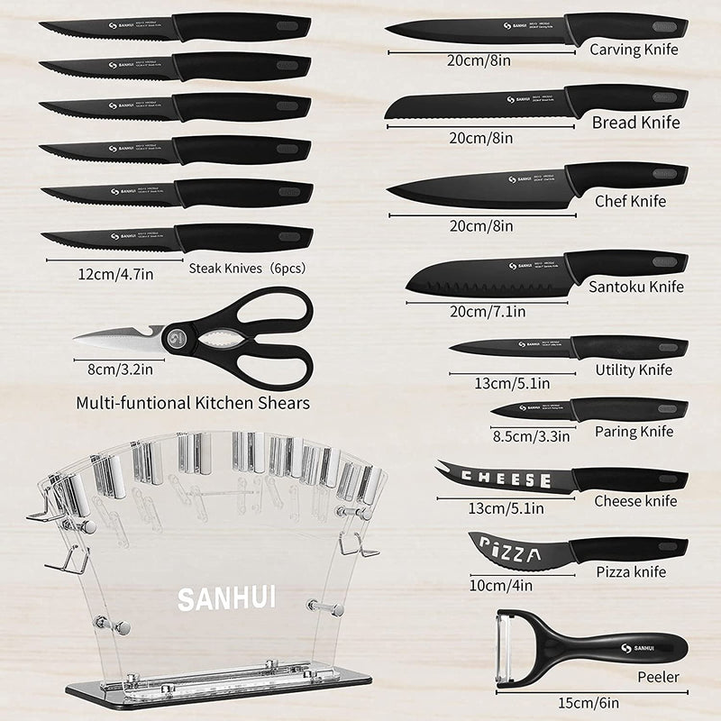 SANHUI 17 in 1 Black Knife Sets Acrylic Stand Stainless Steel Kitchen Knife Set with Block Contain 8 Piece Chef Knife Set 6-Piece Black Steak Knives with Scissor and Vegetable Peeler Knife
