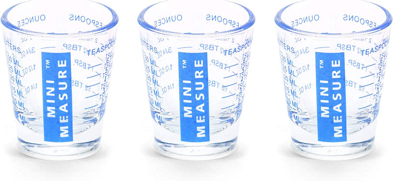 Kolder Mini Measure Heavy Glass, 20-Incremental Measurements Multi-Purpose Liquid and Dry Measuring Shot Glass, Red and Blue, Set of 2