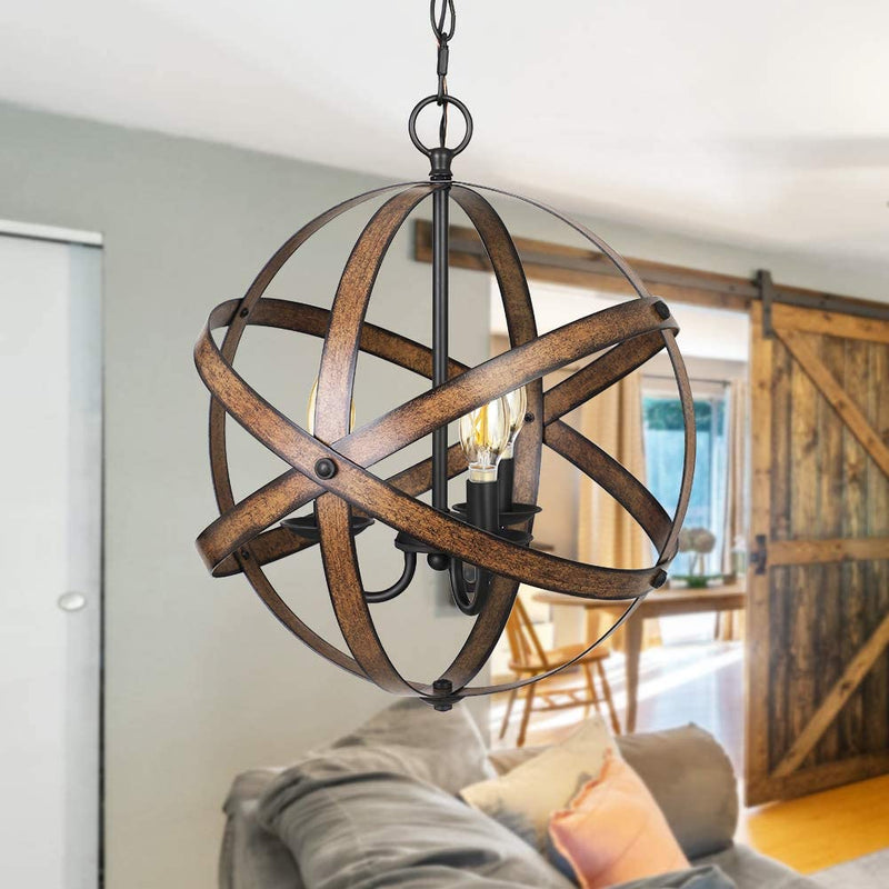 DEWENWILS Farmhouse Pendant Light, Vintage Ceiling Light Fixture 3 Light, Industrial Metal Globe, Wood Grain Paint, with Adjustable 5FT Cord, for Kitchen Island , Living Room, Entryway, Stairway