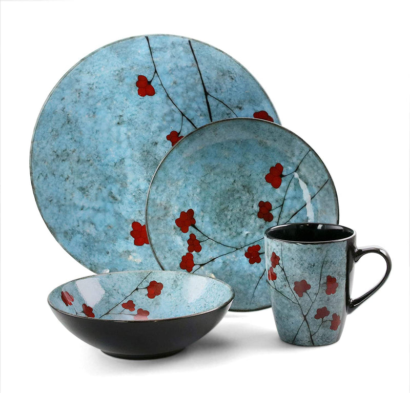 Elama round Stoneware Floral Dinnerware Dish Set, 16 Piece, Blue with Red Accents