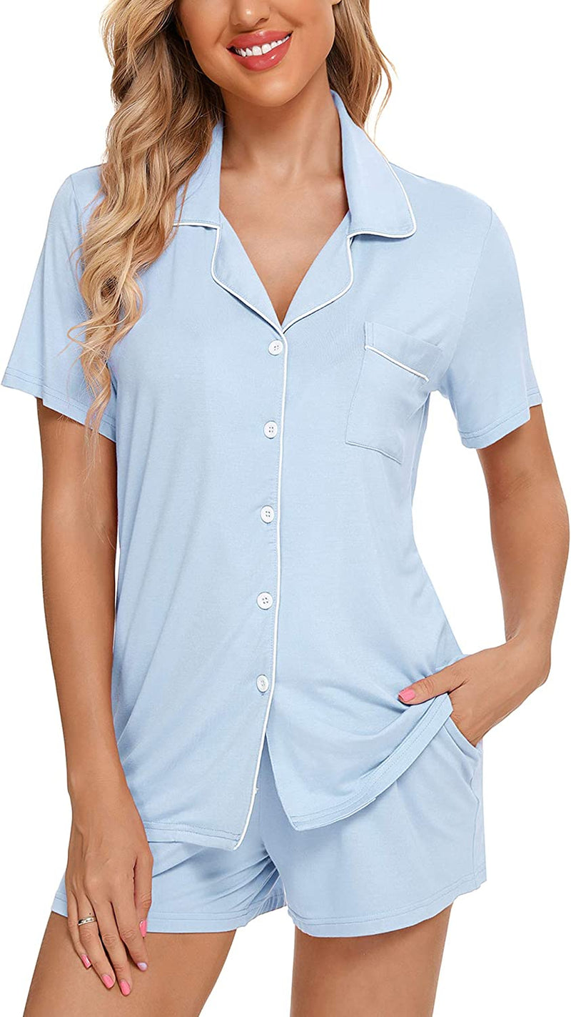 Samring Women'S Button down Pajama Set V-Neck Short Sleeve Sleepwear Soft Pj Sets S-XXL  Samring B Style Pants With Pockets- Blue Small 