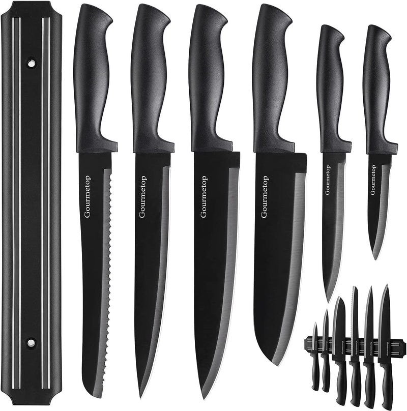 Gourmetop Kitchen Knife Set with No Drilling Magnetic Strip, Knives Set for Kitchen Black Titanium Cooking Knives, Sharp Stainless Steel Chef Knife Set for Cutting Meat & Vegetable, Dishwasher Safe