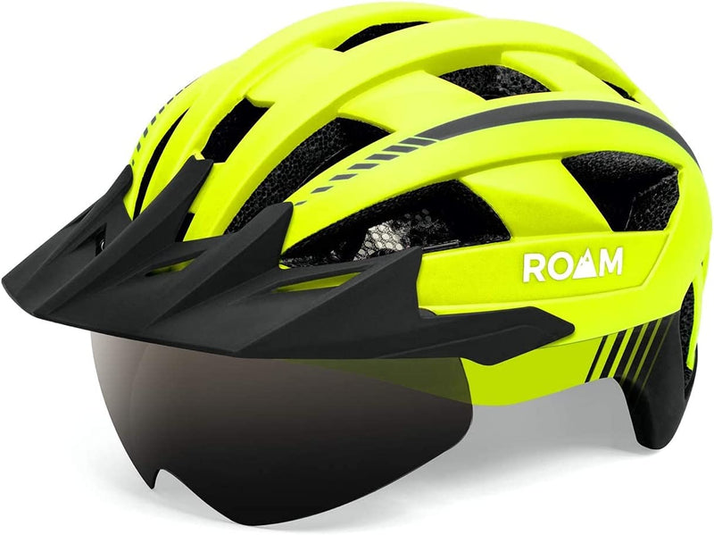 Roam Road Bike Helmet - Durable Helmets for Adults with Sun Visor, LED Light and Detachable Magnetic Goggles - Adjustable Size - Mountain Bicycle Helmet for Adult Men & Women﻿ Sporting Goods > Outdoor Recreation > Cycling > Cycling Apparel & Accessories > Bicycle Helmets Roam Neon Green  