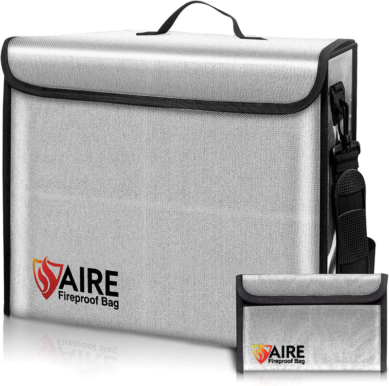 Fireproof Document Bag Set Include Large Bag(17"X12"X6") and Money Bag(5"X8"), Large Fireproof Document Box with Waterproof for Home and Office. Fireproof Safe for Valuables Storage with Lock (Black)