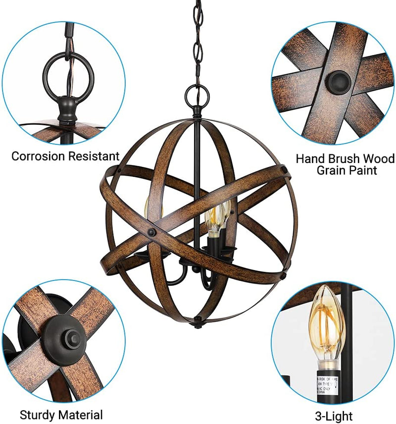 DEWENWILS Farmhouse Pendant Light, Vintage Ceiling Light Fixture 3 Light, Industrial Metal Globe, Wood Grain Paint, with Adjustable 5FT Cord, for Kitchen Island , Living Room, Entryway, Stairway Home & Garden > Lighting > Lighting Fixtures DEWENWILS   