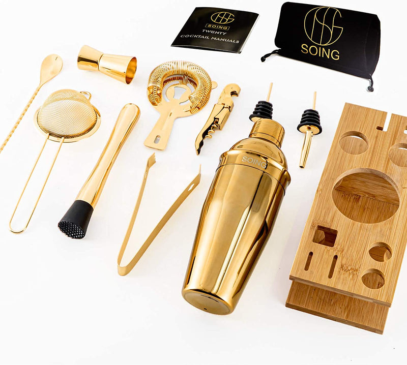 Soing 11-Piece Gold Bartender Kit,Perfect Home Cocktail Shaker Set for Drink Mixing,Stainless Steel Bar Tools with Stand,Velvet Carry Bag & Cocktail Recipes Cards (Gold) Home & Garden > Kitchen & Dining > Barware SOING   