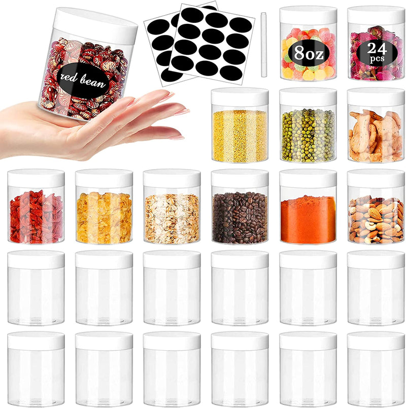 Plastic Jar with Lids 16Oz Clear Empty Containers 16Pcs Straight Cylinders Storage Jars with Airtight Black Lid Stackable Refillable round Plastic Jars for Kitchen Food & Home Storage Home & Garden > Decor > Decorative Jars SLifeJars 8OZ 24Pack（White）  
