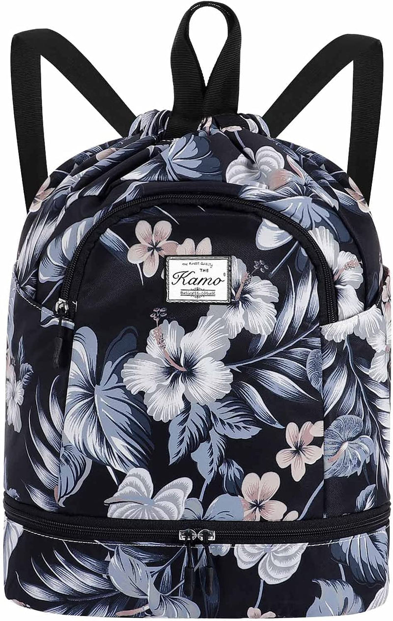 KAMO Drawstring Backpack Bag - Sport Swimming Yoga Backpack with Shoe Compartment, Two Water Bottle Holder for Men Women Large String Backpack Athletic Sackpack for School Travel Home & Garden > Household Supplies > Storage & Organization KAMO Black-flowers  