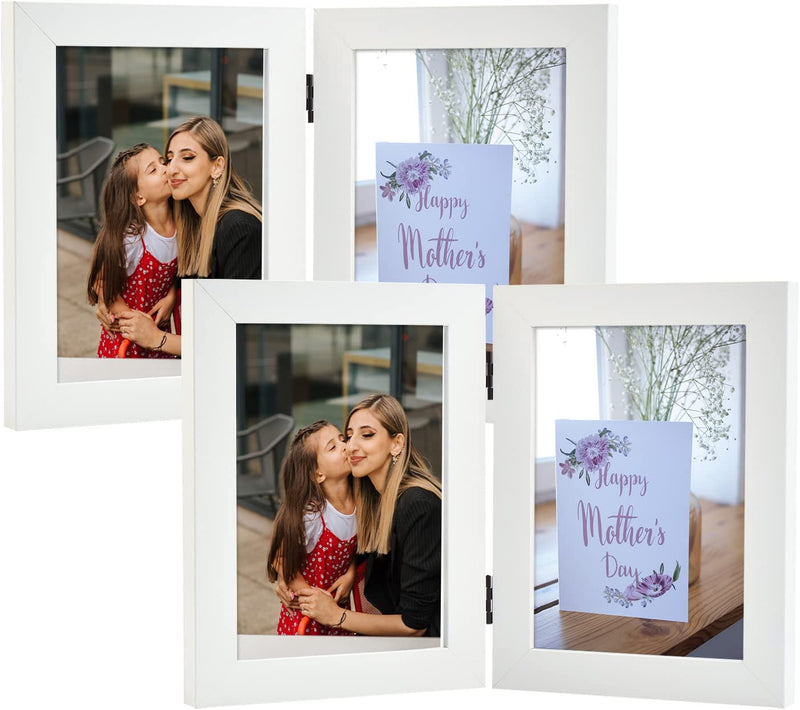 Frametory, 5X7 Hinged Picture Frame Displays 2 Photos, Double Frames with Glass, Side by Side Stands Vertically on Tabletop (Black) Home & Garden > Decor > Picture Frames Frametory White 5x7 (2-Pack) 