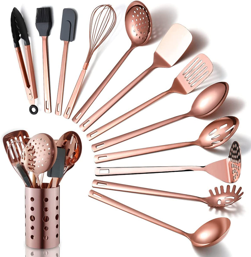 Copper Kitchen Utensils Set,13 Pieces Stainless Steel Cooking Utensils Set with Titanium Rose Gold Plating,Kitchen Tools Set with Utensil Holder for Non-Stick Cookware Dishwasher Safe (13 Packs)