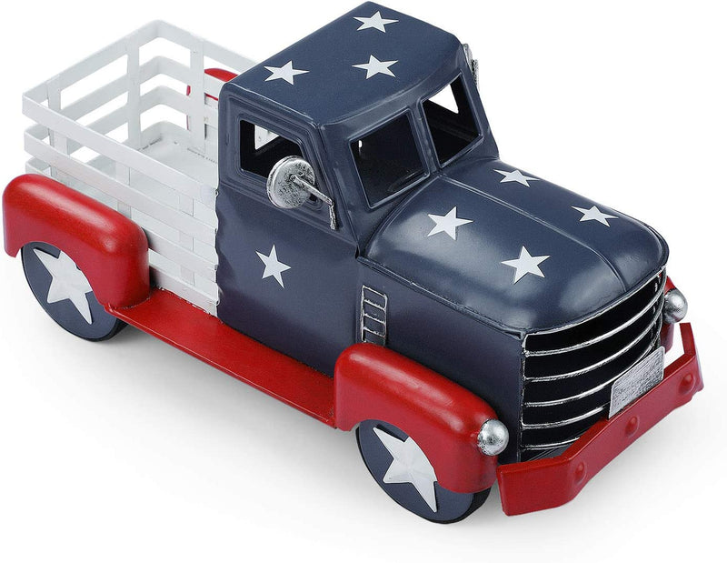 Giftchy Vintage Patriotic Truck Decor, Fourth of July Farmhouse Truck Decoration, Decorative Tabletop Storage & Americana Pick-Up Metal Truck Planter