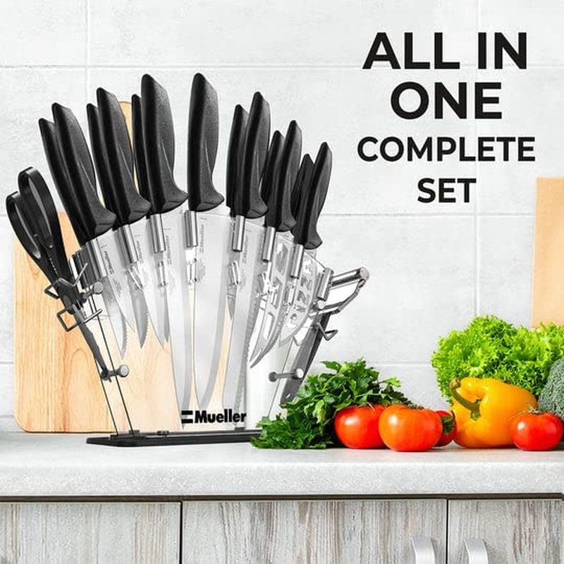 Stainless Steel Knife Set with Block - 17 Piece High Carbon Carving Set with Knife Sharpener, Peeler, Scissors, Cheese, Pizza Knife and Stand - by Mueller Home & Garden > Kitchen & Dining > Kitchen Tools & Utensils > Kitchen Knives Mueller Austria   