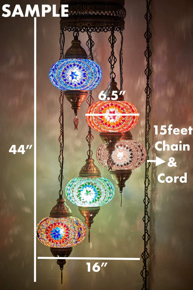 DEMMEX Swag Plug in Light, Turkish Moroccan Colorful Mosaic Wall Plug in Ceiling Hanging Light Chandelier Lighting with 15Feet Chain Cord & Plug, 5 Big Shades (Multi)