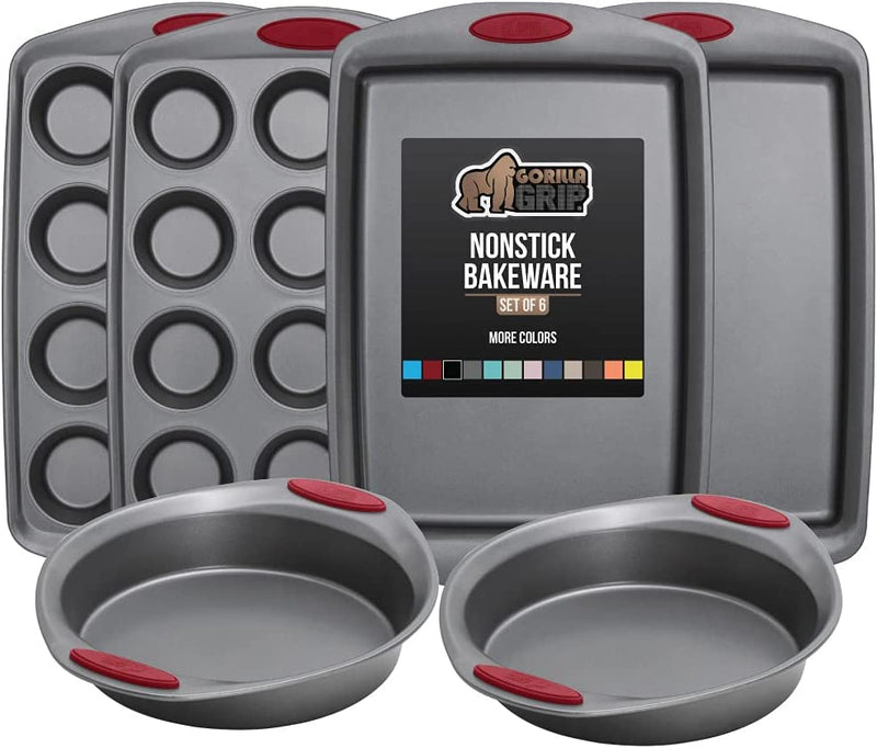 Gorilla Grip Nonstick, Heavy Duty, Carbon Steel Bakeware Sets, 4 Piece Kitchen Baking Set, Rust Resistant, Silicone Handles, 2 Large Cookie Sheets, 1 Roasting Pan and 1 Bread Loaf Pan, Turquoise Home & Garden > Kitchen & Dining > Cookware & Bakeware Hills Point Industries, LLC Red Bakeware Sets Set of 6