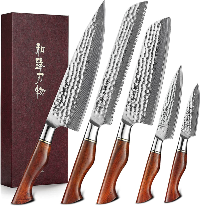 HEZHEN Damascus Kitchen Knives Set with Block,Pro Knife Set-7Pc,Premium Powder Steel Boxed Knives Sets,Natural Rosewood Handle,Suitable for Home Cooking or Restaurant,Master Hammered Finish Series Home & Garden > Kitchen & Dining > Kitchen Tools & Utensils > Kitchen Knives Yangjiangshi Yangdong lansheng e-commerce co.,ltd 5PC Set  