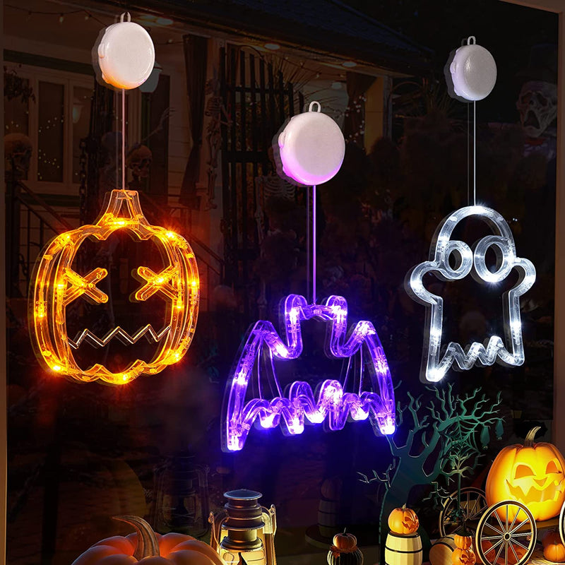 Lolstar Halloween Decorations 3 Pack Orange Pumpkin, White Ghost, Purple Bat Halloween Window Lights with Suction Cup, Battery Operated Halloween Lights, 2023 Upgrade Slow Fade Mode and Timer Function  LOLStar   