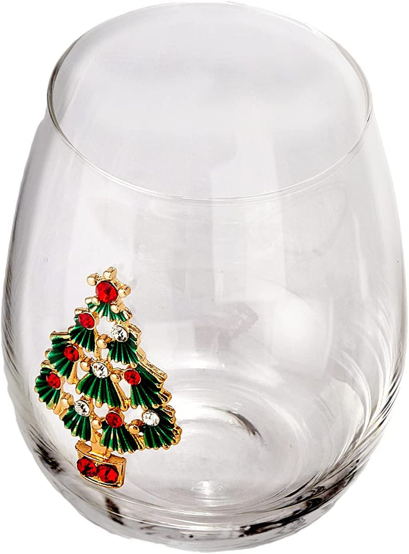 Set of 2 Stemless Christmas Tree Wine Glasses - Christmas Cheer for Holiday Gift and Winter Season - 18 Oz Stemless Decorated Tree Ornament Wine Tumblers for Holiday Season and Winter by GUTE - 4.7" H