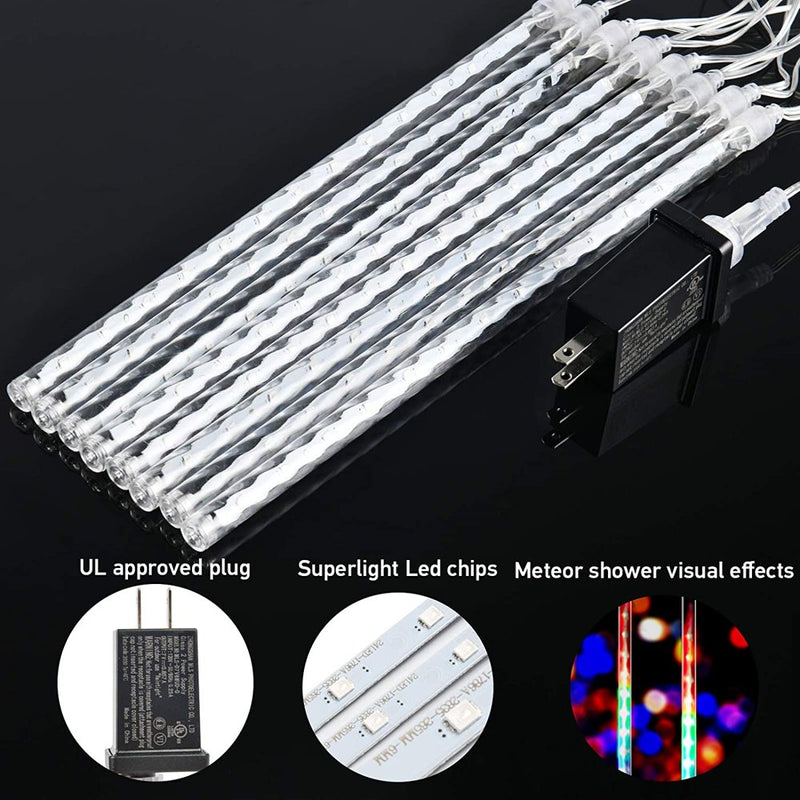 Morttic Meteor Shower Rain Light, 8 Tubes 192 Led 30Cm Waterfall Raindrop Icicle Christmas Light Outdoor, Waterproof Plug in String Light for Xmas Holiday Party Wedding Valentine Day -Cool White Home & Garden > Decor > Seasonal & Holiday Decorations Morttic   