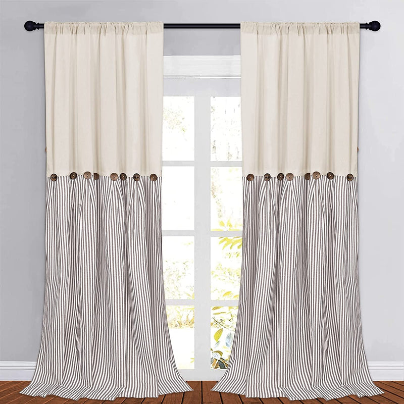 Cotton Linen Farmhouse Curtains Boho Rustic Button Curtains Natural and Dark Grey Stripe Color Block Curtain Rod Pocket & Back Tab Window Drapes for Bedroom Living Room(52 X 84 Inch, 2 Panels) Home & Garden > Decor > Window Treatments > Curtains & Drapes BLEUM CADE Brown Stripe W52 x L96 