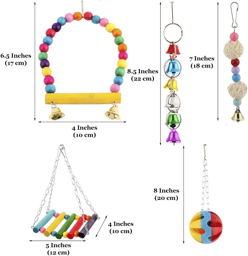 Sungrow Parakeet Swing Toy Set with Bells, Colorful Collection Hammock, Hanging Ball, Perch, Suitable for Parrots, Cockatiels, Budgies, Conures, Love Birds, Finch (5Pcs) Animals & Pet Supplies > Pet Supplies > Bird Supplies > Bird Toys SunGrow   