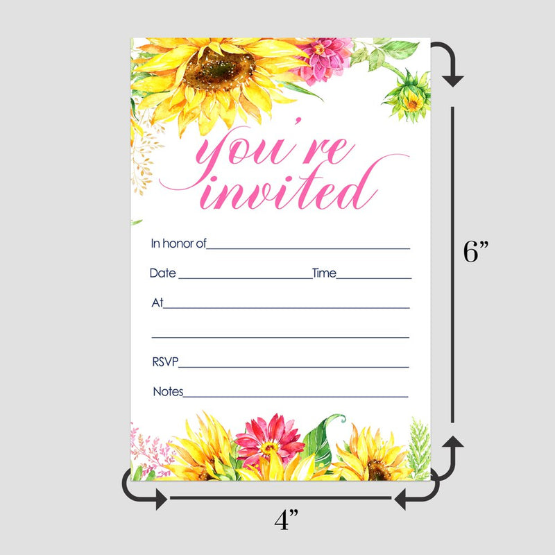 Sunflower Invitations with Envelopes (15 Pack) Blank Invites for Girls Baby Shower, Engagement, Retirement, Bridal, Handwrite Any Event Details - Rustic Flower Party Supplies Yellow Arts & Entertainment > Party & Celebration > Party Supplies Paper Clever Party   