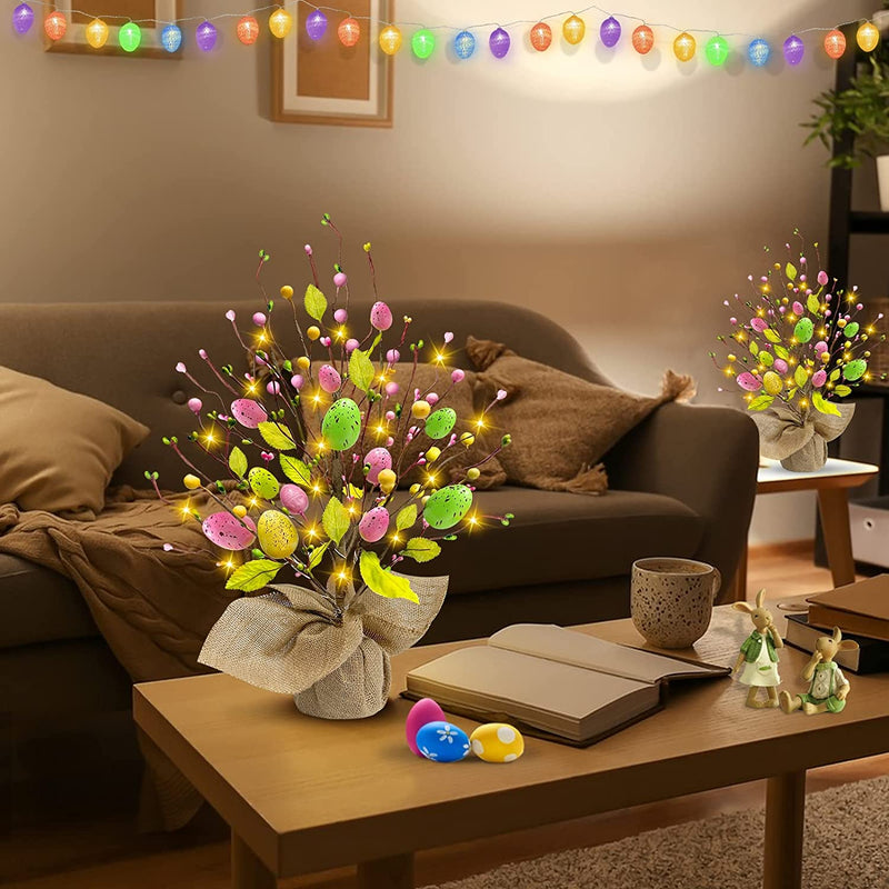 TURNMEON 2 Pack Prelit Easter Eggs Tree Tabletop Easter Decorations with 20 LED Warm Lights Battery Operated Colorful Eggs Berries Seeds 18 Inch Easter Decoration Home Party Indoor Spring Summer Decor Home & Garden > Decor > Seasonal & Holiday Decorations TURNMEON   