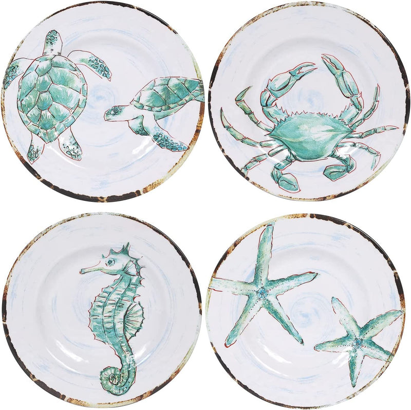 Melamine Dinnerware Set for 4, Plates and Bowls Sets, Great for Camper, RV, Indoors Outdoors Use with Ocean Printed, Unbreakable Home & Garden > Kitchen & Dining > Tableware > Dinnerware Gofunfun Marine Life  