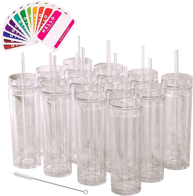 SKINNY TUMBLERS 12 Clear Acrylic Tumblers with Lids and Straws | Skinny, 16Oz Double Wall Clear Plastic Tumblers with FREE Straw Cleaner & Name Tags! Reusable Cup with Straw (Clear, 12) Home & Garden > Kitchen & Dining > Tableware > Drinkware STRATA CUPS 24 Count (Pack of 1)  