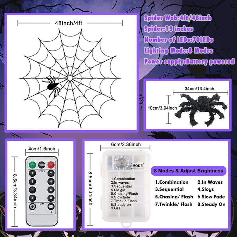 Halloween Spider Web Lights 4FT Diameter 70 LED with Black Spider, Waterproof Purple Net Lights, Remote Control, 8 Modes Cobweb Halloween Decorations for House Garden Indoor Outdoor Scary Theme  LCHUANG   